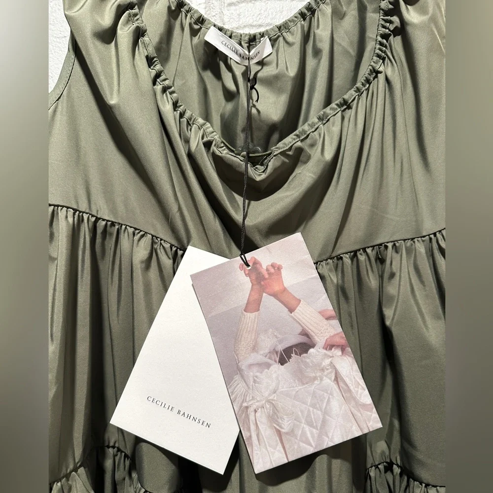 New Cecilie Bahnsen Aino Tiered Recycled Faille Minidress in Olive Green Size 4